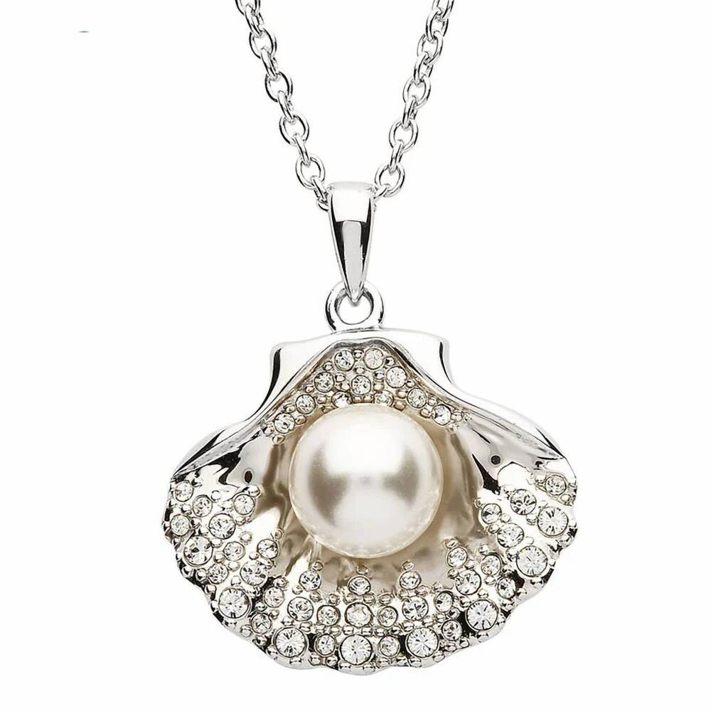 NEW SHANORE women's shell necklace with pearl & swarovski crystals in silver